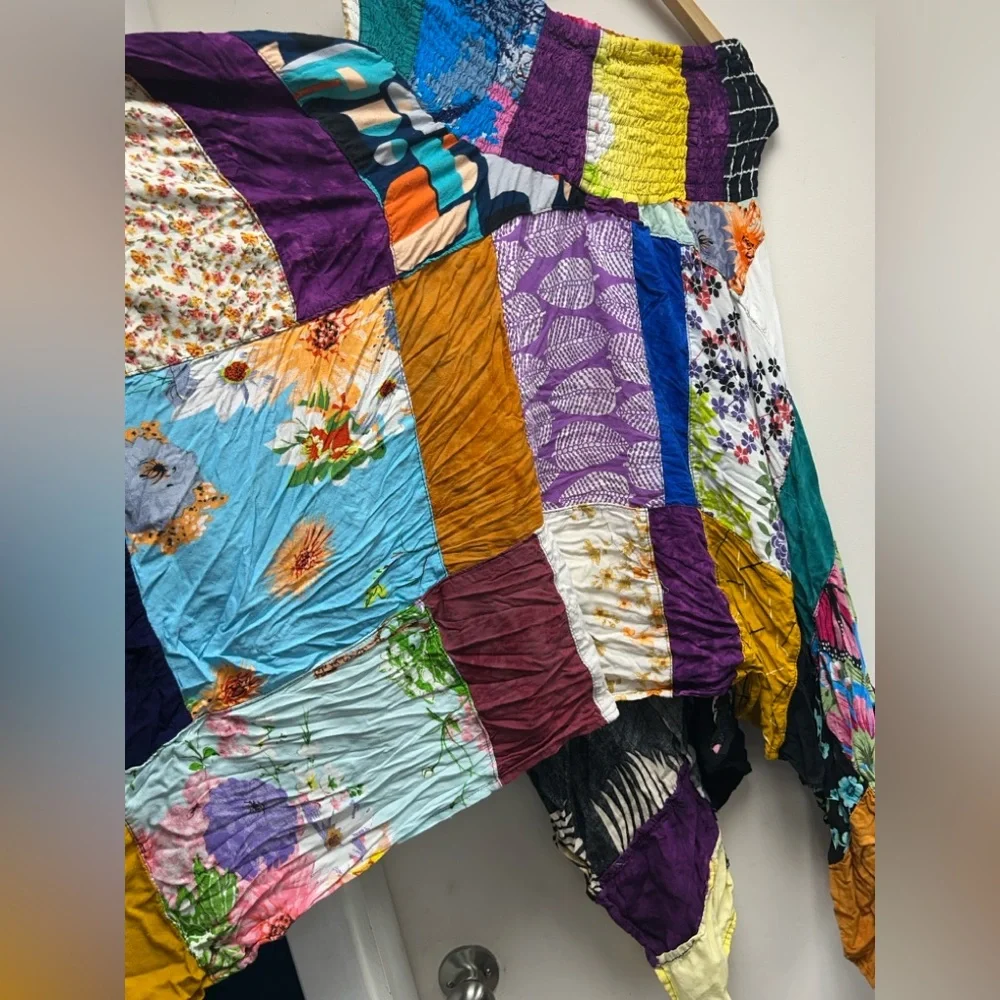 Unique Boho Patchwork Handkerchief Skirt Colorful Hippie Tie Waist - Picture 5 of 8